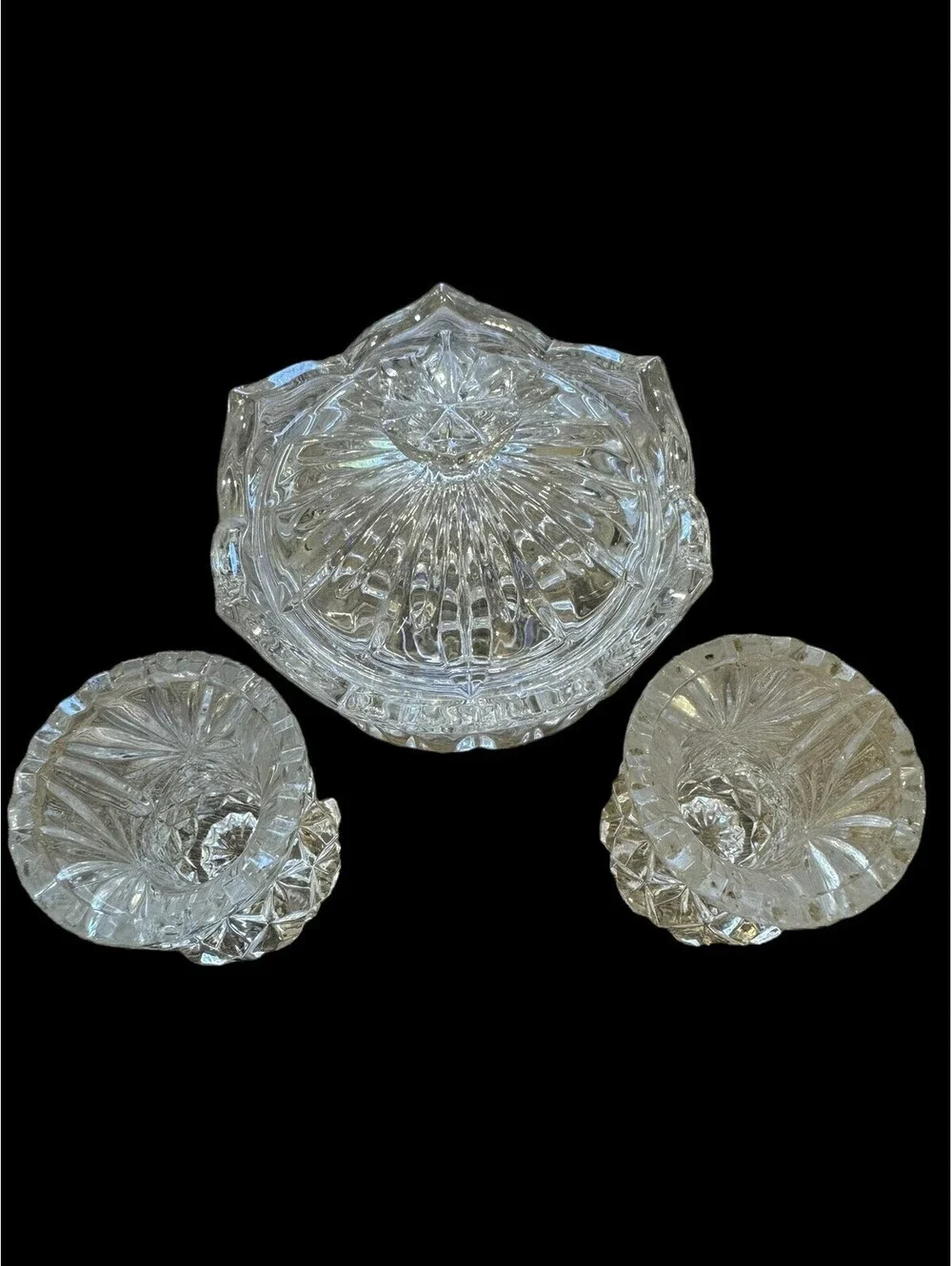 Lot Of Crystal Bud Vases & Covered Dish Bundle.